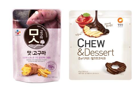 CJ제일제당 ‘맛고구마’(왼쪽)와 대상 ‘츄앤디저트밀크초코사과’.