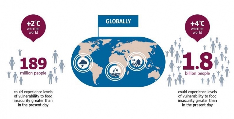 지구 온도가 산업화 이전 수준보다 섭씨 2도 상승하면 기아인구는 약 1억 8900만 명이 더 늘어난다. 그래픽=WFP