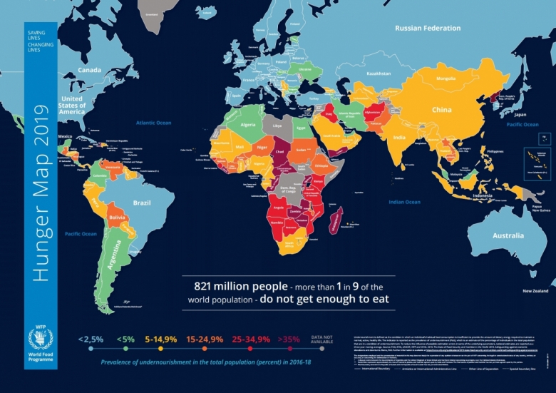 WFP가 공개한 ‘2019 식량 위기 현황 지도’(Hunger Map 2019), WFP 한국사무소는 “전 세계적으로 8억 2100만 명이 식량부족을 겪고 있으며, 취약계층의 식량 상황이 코로나19로 악화되고 있다”고 전했다.