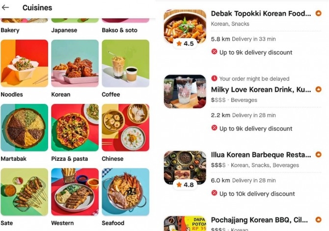 인도네시아 배달플랫폼 '고푸드'의 한식(korean food) 카테고리