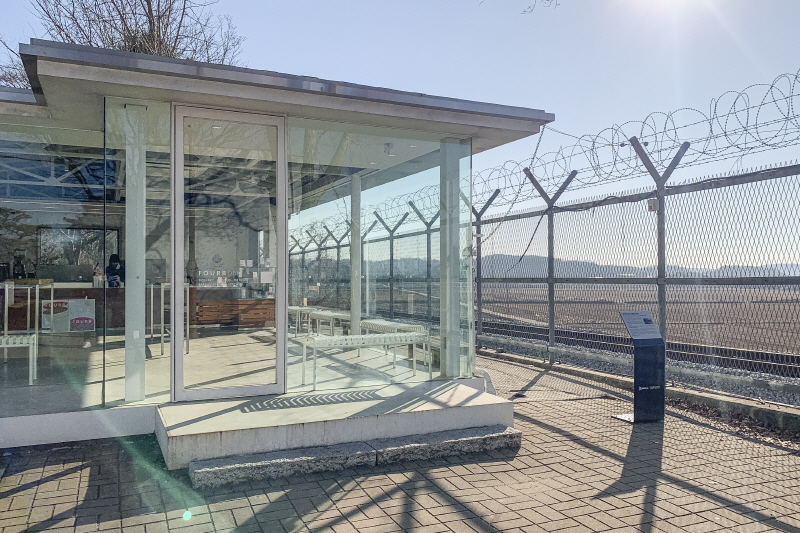 철조망 앞에 우두커니 서 있는 포비 DMZ. 설치작품처럼 보이기도 한다