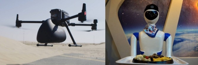 UAE 내 드론 배달(좌)와 식당에서 활용되는 로봇(우)
