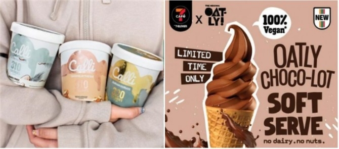 말레이시아 건강 아이스크림 브랜드 칼리(왼쪽), 7Cafe 와 오틀리의 콜라보 (오른쪽)