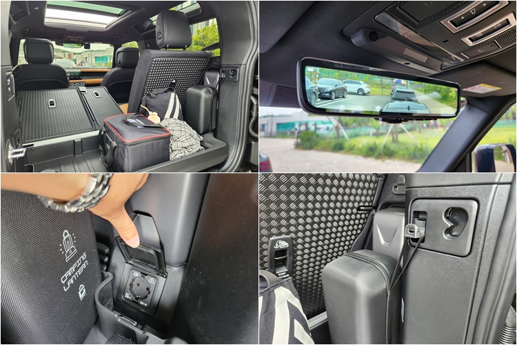 랜드로버 디펜더90 P400 X 2열은 6대 4 비율로 접을 수 있다. 다만 적재함 부분과 2열 시트 사이 턱이 존재한다. 트렁크에는 고리를 설치해 손잡이가 있는 작은 짐을 걸 수 있으며, 220V 콘센트도 장착해 다방면에서 사용할 수 있다. / 제갈민 기자