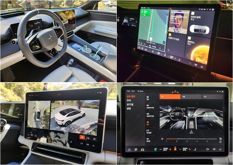 폴스타 4 운전석 및 메인 디스플레이. 공조기를 조작하려면 오른쪽 아래 사진처럼 공조기 조작 페이지로 진입한 후 각각의 바람 각도를 손가락으로 터치해 조절해야 한다. / 춘천=제갈민 기자