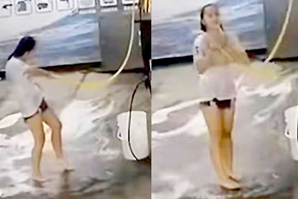 ‘세차장에서 샤워’ CCTV에 포착된 핫팬츠 여성, 알고 보니…