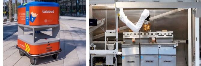 2020 두바이 엑스포에서 활약한 Talaba(왼쪽), 로봇 팔을 이용한 조리과정(오른쪽)