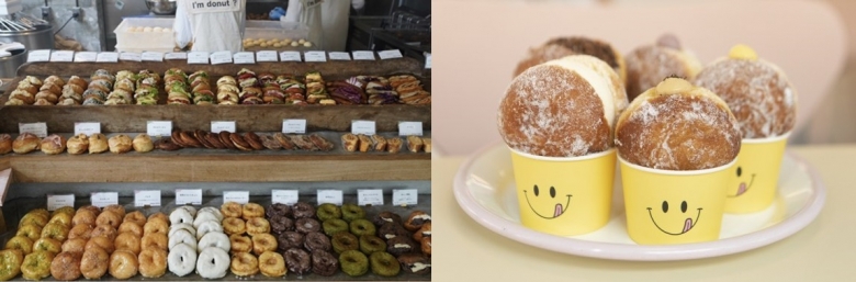 80가지 메뉴가 있는 일본 아임도넛(왼쪽), 스마일 캐릭터로 유명한 국내 노티드 도넛(오른쪽)[아임도넛 인스타그램, GFFG 제공]
