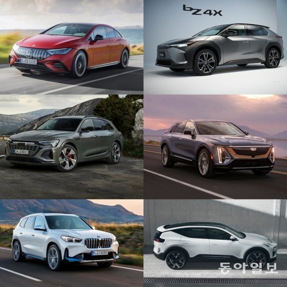 올해는 더 다양한 매력을 지닌 프리미엄 전기차들이 국내 시장 출시를 앞두고 있다. 메르세데스-벤츠 EQE, 토요타 bz4x, 캐딜락 리릭, 폴스타 폴스타3, BMW iX1, 아우디 Q8 e-tron(왼쪽 위부터 시계방향)