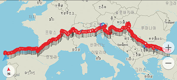 GPS앱으로 기록한 유럽 횡단 경로. 10개 나라를 걸어서 경유했다.