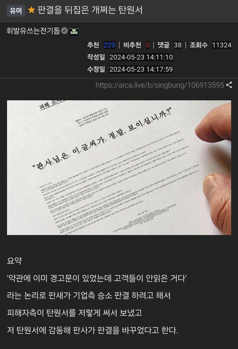 전체 판결을 뒤집은 개쩌는 탄원서