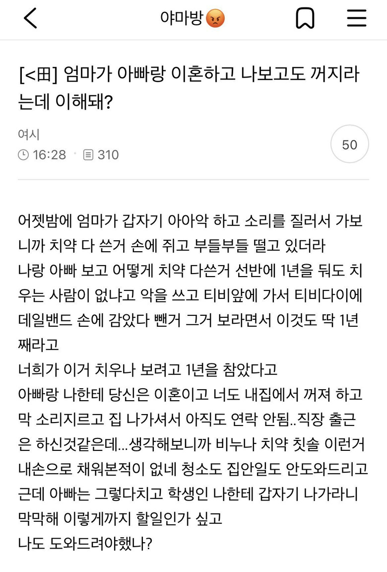 엄마가 아빠랑 이혼하고 나보고도 꺼지라는데 이해돼?