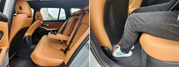 BMW 320i 투어링 2열 시트는 높이가 적당하면서도 허벅지 받침 길이가 길어 다리가 들뜨는 현상 없어 편안하다. / 제갈민 기자