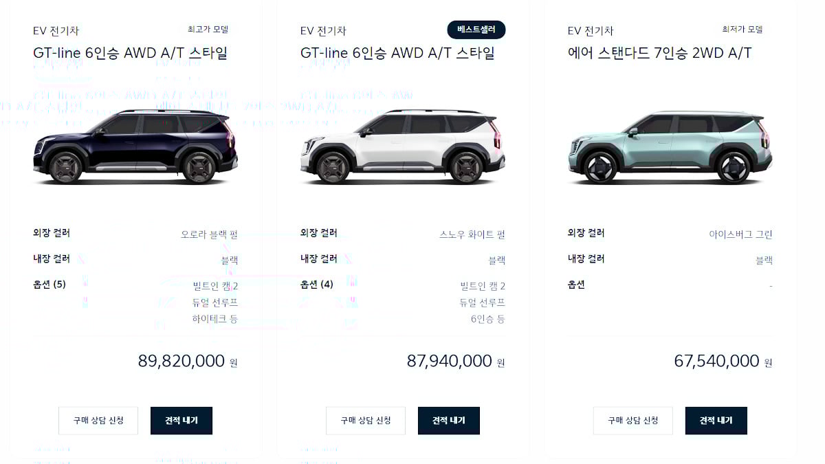 각기 다른 옵션의 기아 EV9