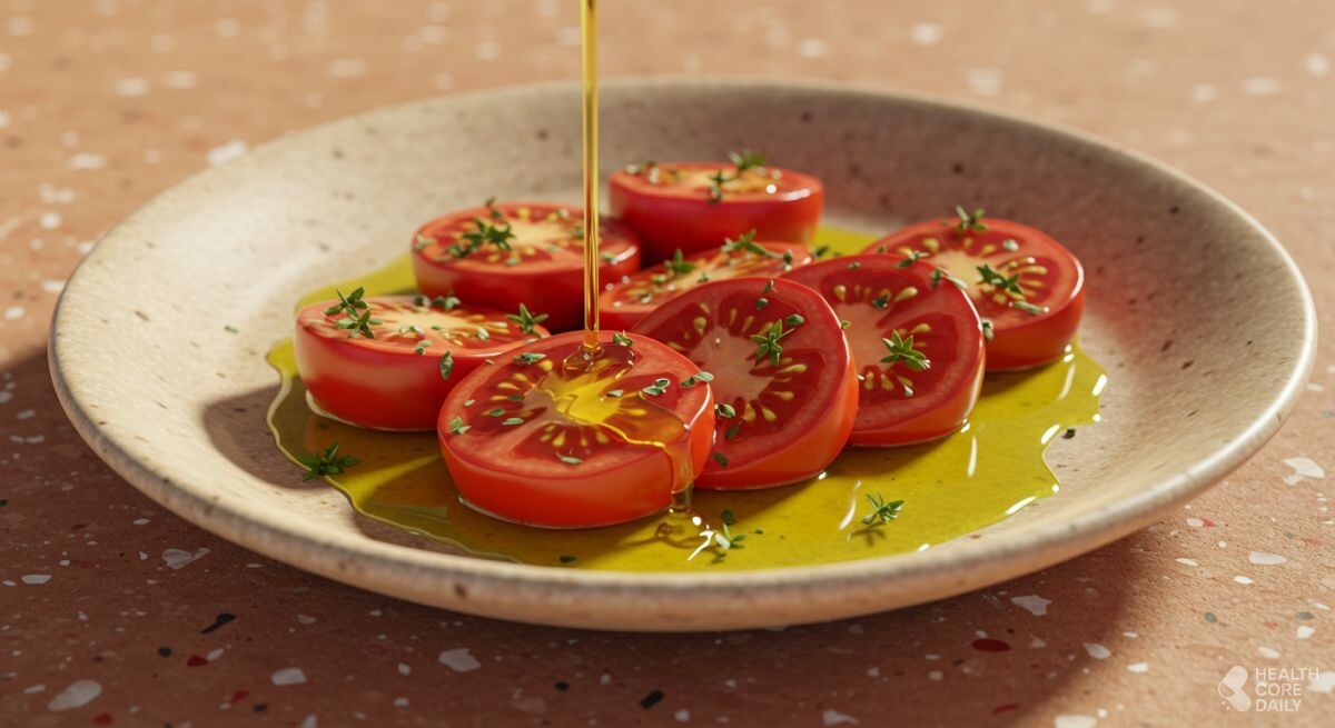 올리브유를 토마토에 뿌리고 있다. / 헬스코어데일리