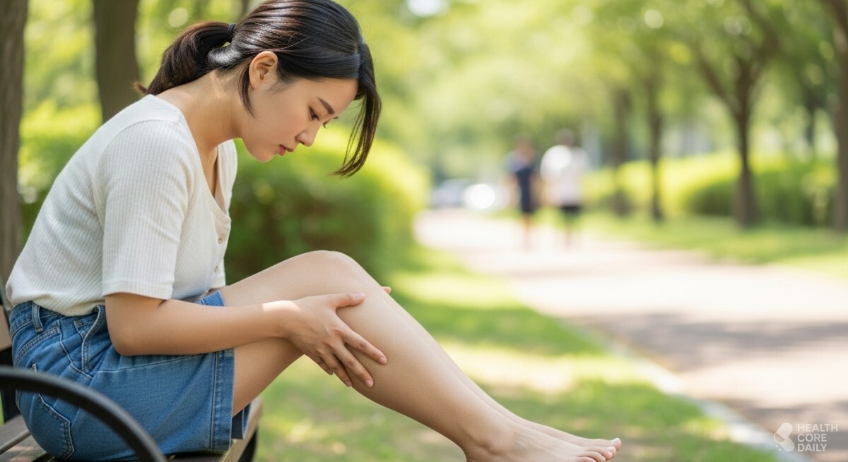 다리가 부어서 살펴보는 모습. / 헬스코어데일리