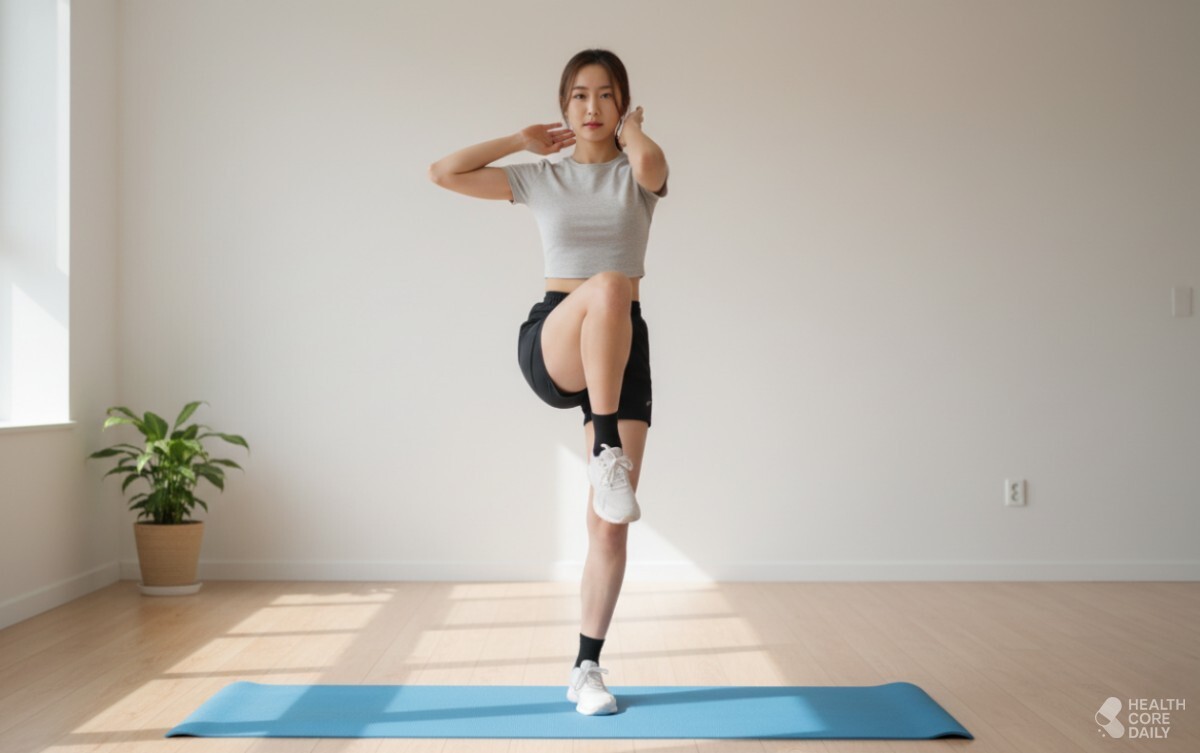 무릎 당기기 변형 자세. / 헬스코어데일리