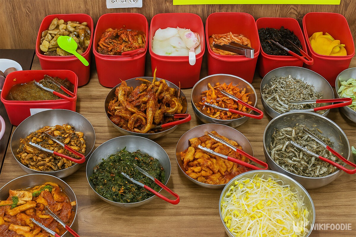 셀프코너에 30여 가지의 반찬들이 놓여 있다. / 위키푸디