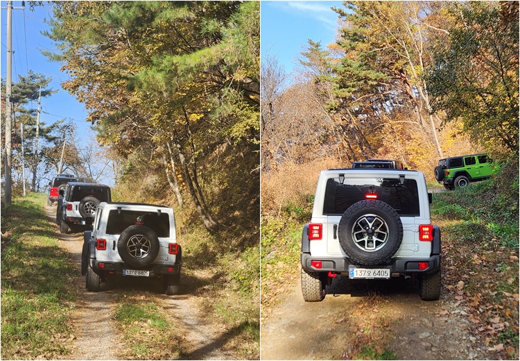 랭글러는 전후륜의 구동력을 배분할 수 있는 트랜스퍼케이스 기능이 탑재돼 산길도 수월하게 오를 수 있다. / 제갈민 기자