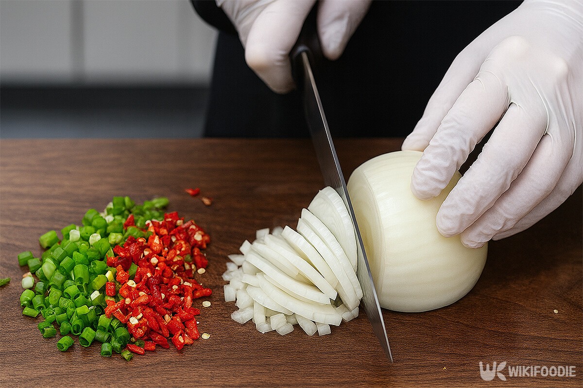 청양고추, 홍고추, 양파를 얇게 썰고 있다. / 위키푸디