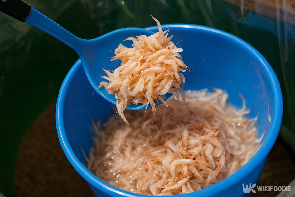 가을에 잡은 새우로 만든 새우젓을 시장에서 판매하고 있다. / 위키푸디