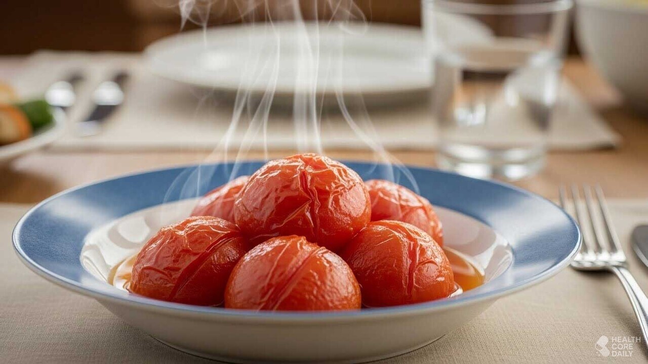 익힌 토마토가 접시에 담겨 있다.