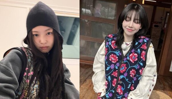블랭핑크 제니(왼쪽)와 에스파 카리나(오른쪽)가 SNS에 김장조끼 입은 모습을 게시했다. / 제니, 카리나 SNS